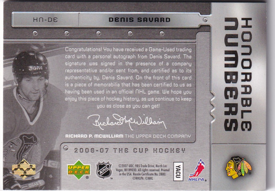  2006-07 The Cup Honorable Numbers #HNDE Denis Savard/18