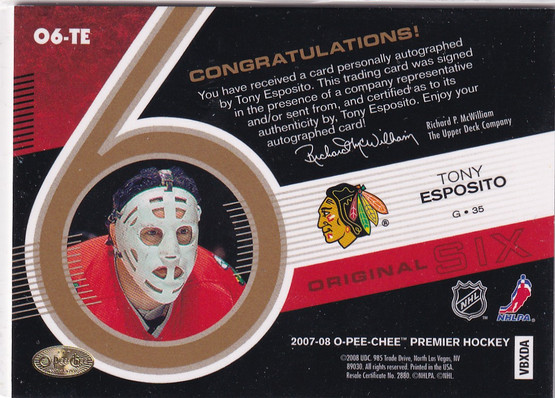  2007-08 OPC Premier Original Six Signatures Gold #O6TE Tony Esposito /25