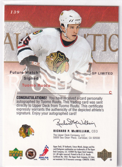  2003-04 SP Authentic Limited #139 Tuomo Ruutu AU RC /50