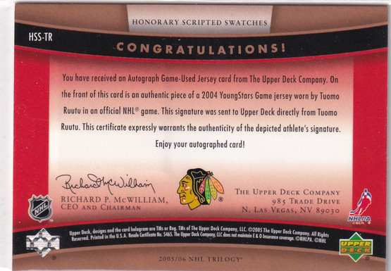  2005-06 Upper Deck Trilogy Honorary Swatch Scripts #HSSTR Tuomo Ruutu /10