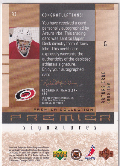 2001-02 UD Premier Collection Signatures #AI Arturs Irbe B