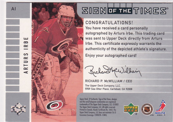  2001-02 SP Authentic Sign of the Times #AI Arturs Irbe