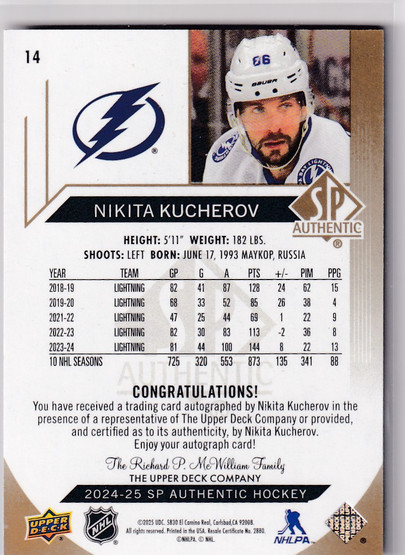  2024-25 SP Authentic Limited Autographs #14 Nikita Kucherov SP