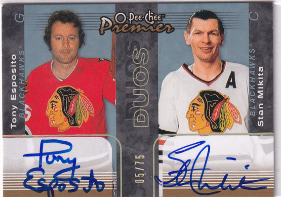  2007-08 OPC Premier Autographs Duos #PP2EM Tony Esposito/Stan Mikita /75