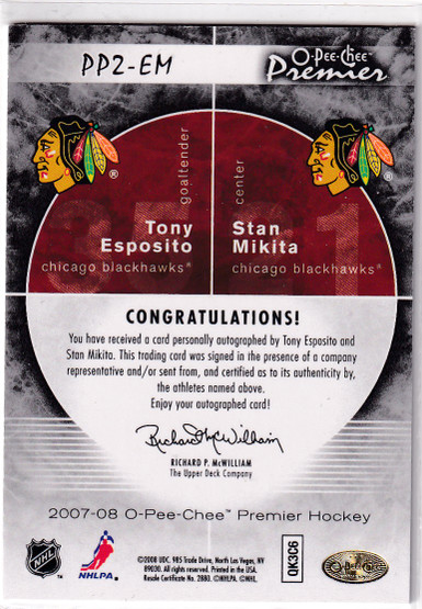  2007-08 OPC Premier Autographs Duos #PP2EM Tony Esposito/Stan Mikita /75