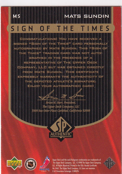  1997-98 SP Authentic Sign of the Times #MS Mats Sundin