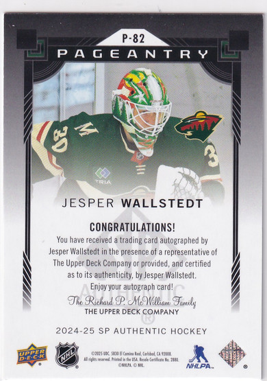  2024-25 SP Authentic Pageantry Autographs #P82 Jesper Wallstedt RC