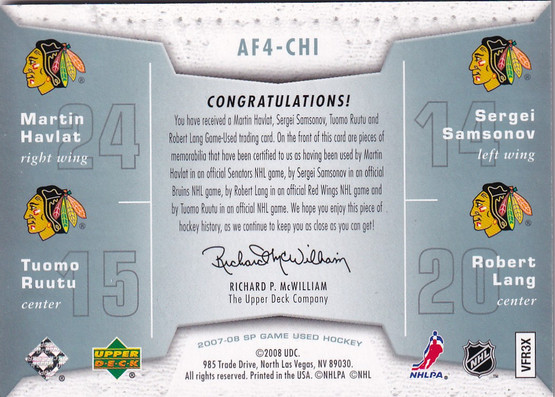 2007-08 SP Game Used Authentic Fabrics Quads #AF4CHI Sergei Samsonov/Robert Lang/Martin Havlat/Tuomo Ruutu /10