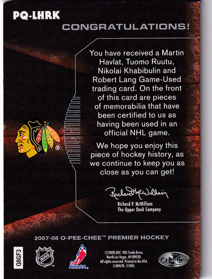 2007-08 OPC Premier Rare Remnants Quads Patches Silver #PQLHRK Robert Lang/Martin Havlat/Tuomo Ruutu/Nikolai Khabibulin /5