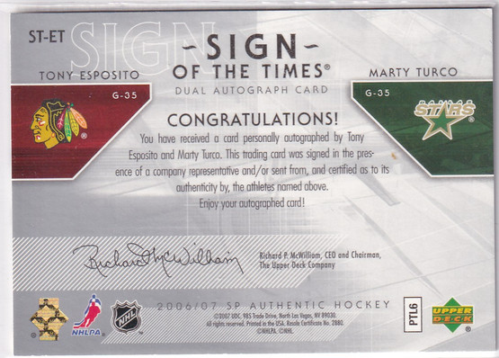  2006-07 SP Authentic Sign of the Times Duals #STET Tony Esposito/Marty Turco