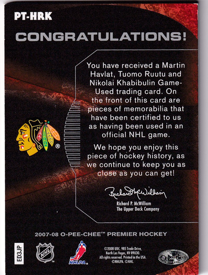 2007-08 OPC Premier Rare Remnants Triples Patches Silver #PTHRK Martin Havlat/Tuomo Ruutu/Nikolai Khabibulin /10