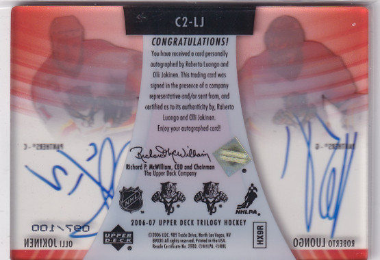  2006-07 Upper Deck Trilogy Combo Clearcut Autographs #C2LJ Roberto Luongo/Olli Jokinen /100