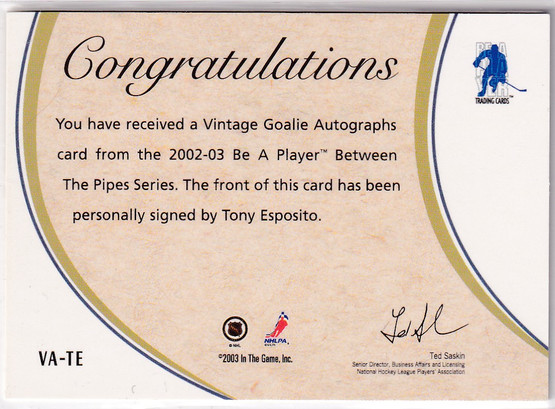 2002-03 ITG Between pipes Vintage Goalies Tony Esposito 