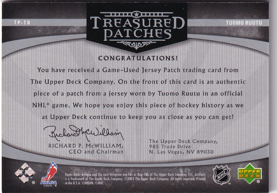  2005-06 Artifacts Treasured Patches Silver #TPTR Tuomo Ruutu /5