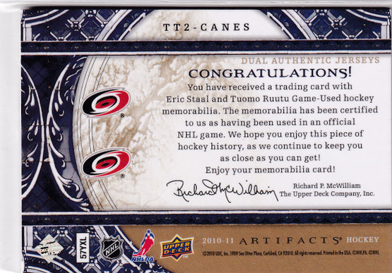 2010-11 Artifacts Tundra Tandems Gold #TT2CANES Tuomo Ruutu/Eric Staal /10
