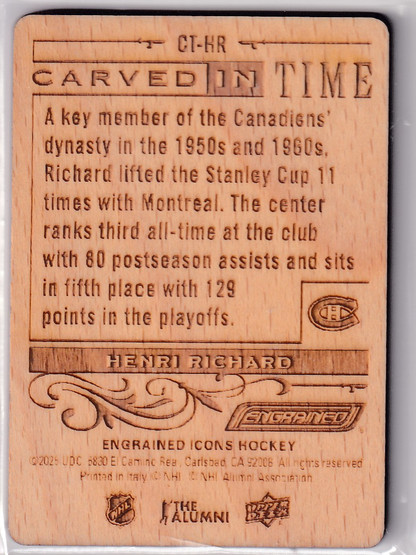  2024-25 Upper Deck Engrained Icons Carved in Time #CTHR Henri Richard