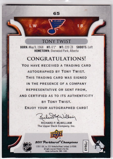  2011-12 Parkhurst Champions Autographs #65 Tony Twist F