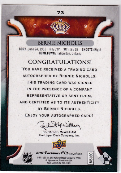  2011-12 Parkhurst Champions Autographs #73 Bernie Nicholls F