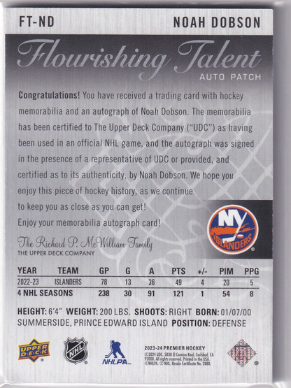  2023-24 Upper Deck Premier Flourishing Talent Patch Autographs #FTND Noah Dobson/99