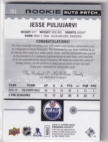 2016-17 Upper Deck Premier #103 Jesse Puljujarvi JSY AU/299 RC 2