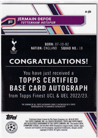 2022-23 Topps Finest UEFA Club Competitions Auto Jermain Defoe