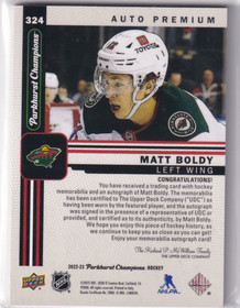  2022-23 Parkhurst Champions Patches #324 Matt Boldy AU/35