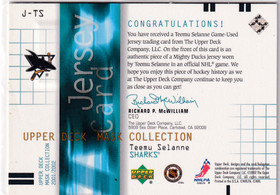 2001-02 UD Mask Collection Jerseys #JTS Teemu Selanne /150