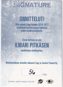 2016-17 Cardset Signature Ilmari Pitkänen /125