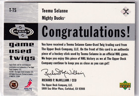 2001/02 UPPER DECK GAME USED TWIGS Teemu Selanne