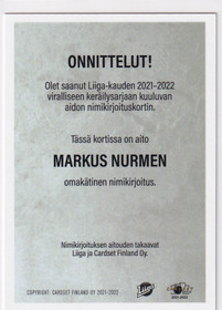 2021-22 Cardset Signature Markus Nurmi /125