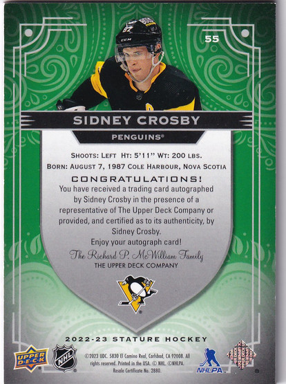 2022-23 Upper Deck Stature Autographs Green #55 Sidney Crosby/50