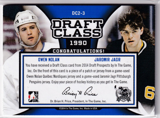 2014-15 ITG Draft Prospects Draft Class Dual Jerseys Blue #DC23 Owen Nolan/Jaromir Jagr /50