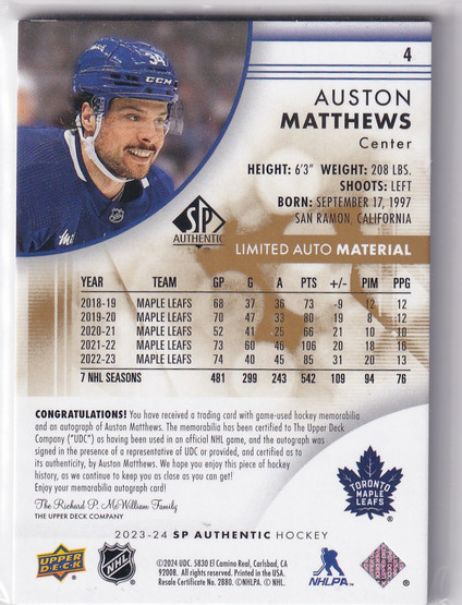  2023-24 SP Authentic Limited Patch Autographs #4 Auston Matthews/10