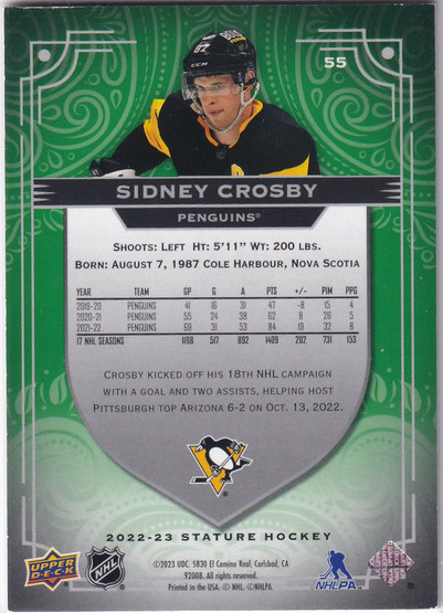  2022-23 Upper Deck Stature Green #55 Sidney Crosby /99