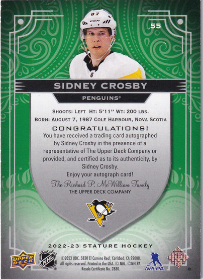  2022-23 Upper Deck Stature Autographs Blue #55 Sidney Crosby/10