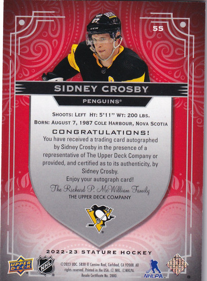  2022-23 Upper Deck Stature Autographs Red #55 Sidney Crosby/25