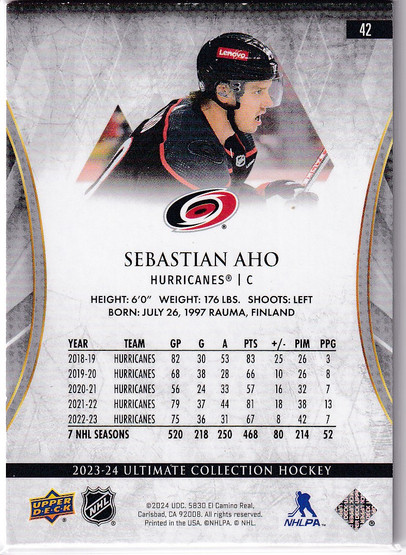  2023-24 Ultimate Collection Gold #42 Sebastian Aho /35