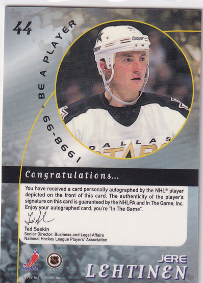  1998-99 Be A Player Autographs Gold #44 Jere Lehtinen The National Cleveland
