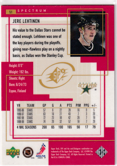  1999-00 SPx Spectrum #51 Jere Lehtinen 1/1