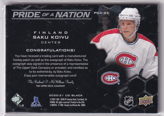  2020-21 UD Black Pride of a Nation Patch Autographs #PNASK Saku Koivu/99