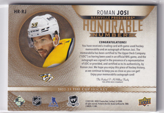 2022-23 The Cup Honorable Numbers #HRRJ Roman Josi/96