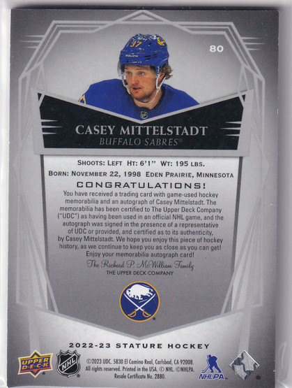  2022-23 Upper Deck Stature Patch Autographs #80 Casey Mittelstadt/10