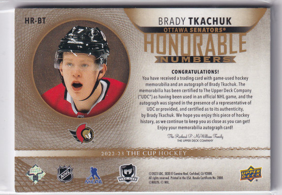  2022-23 The Cup Honorable Numbers #HRBT Brady Tkachuk/45