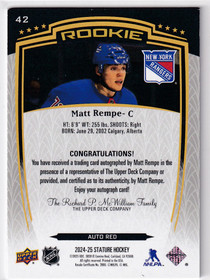  2024-25 Upper Deck Stature Autographs Red #42 Matt Rempe /99