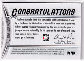  2011-12 ITG Captain-C Jerseys Patch Silver #M46 Roberto Luongo /9