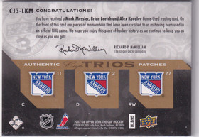 2007-08 The Cup Jerseys Trios Patches #CJ3LKM Brian Leetch / Alex Kovalev / Mark Messier /10