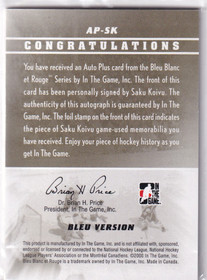  2008-09 ITG Bleu Blanc et Rouge Autographs Plus Jersey #APSK Saku Koivu /19
