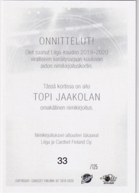 2019-20 Cardset Signature Topi Jaakola /125