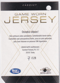 2010-11 Cardset Game worn Jersey Sami Vatanen /128