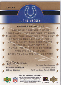 2005 Upper Deck Legends John Mackey Legendary Signatures Auto